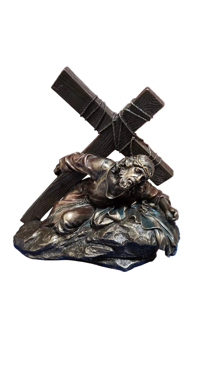 Jesus Christ Caring a cross in bronze color