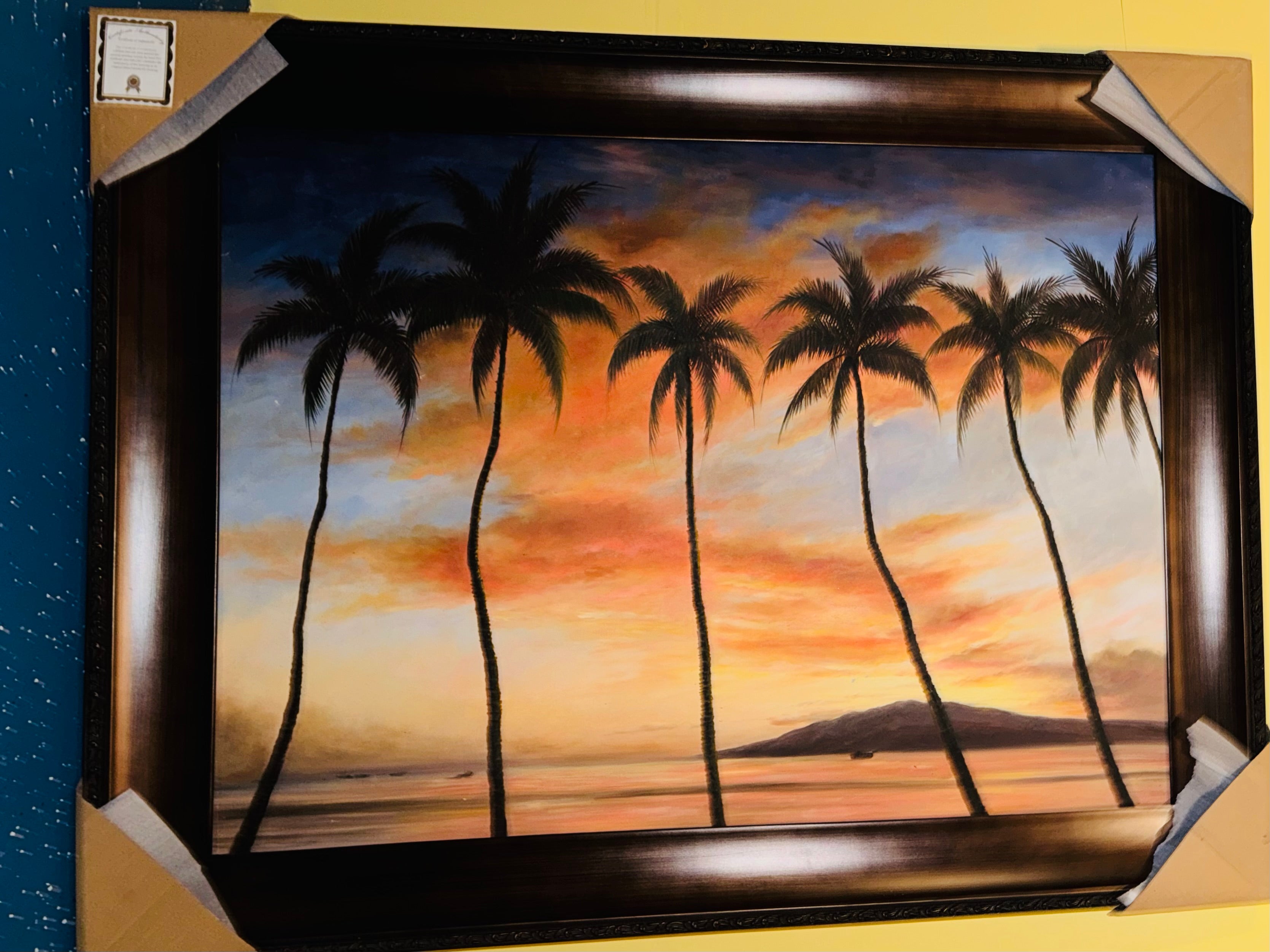 Large Canvas Painting Of Beach And Palm Trees With Frame