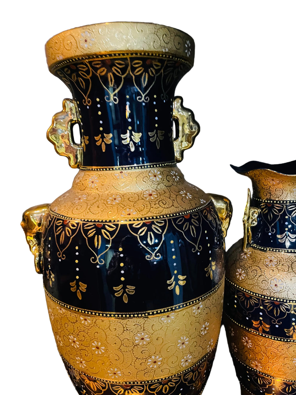 Persian Crafted Vintage Porcelain Vase Set Of 3 Gold Plated And And Blue