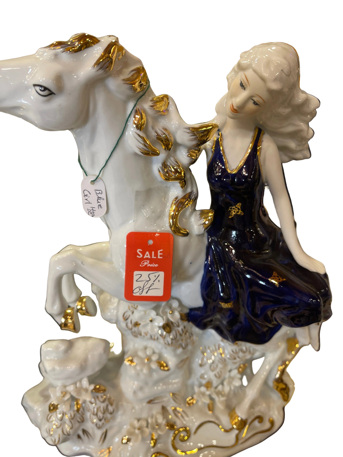 Lady In Blue Ceramic Riding Horse