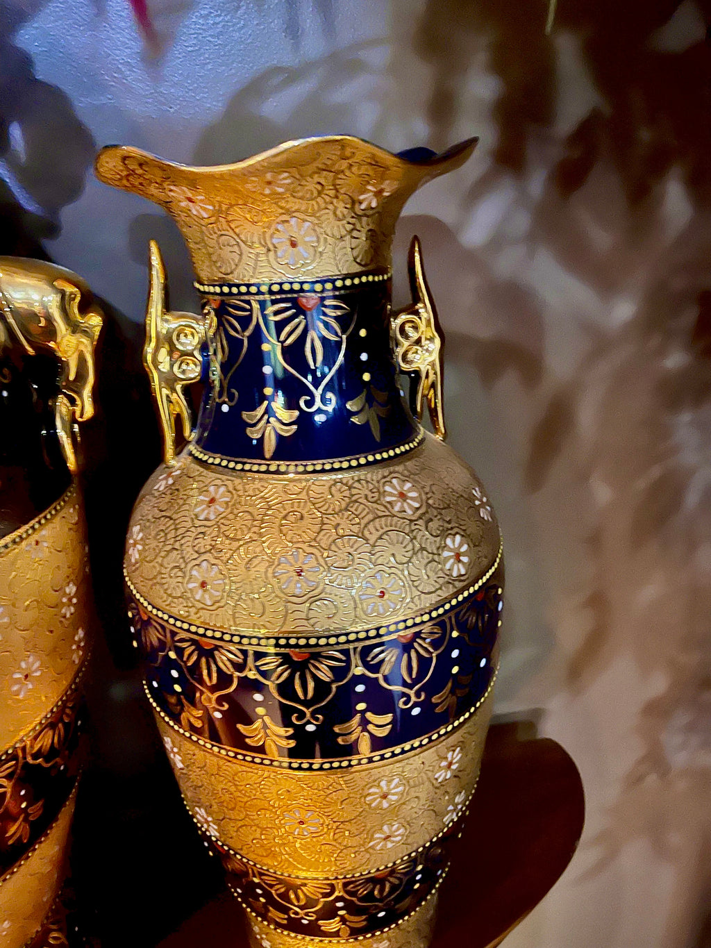 Persian Crafted Vintage Porcelain Vase Set Of 3 Gold Plated And And Blue