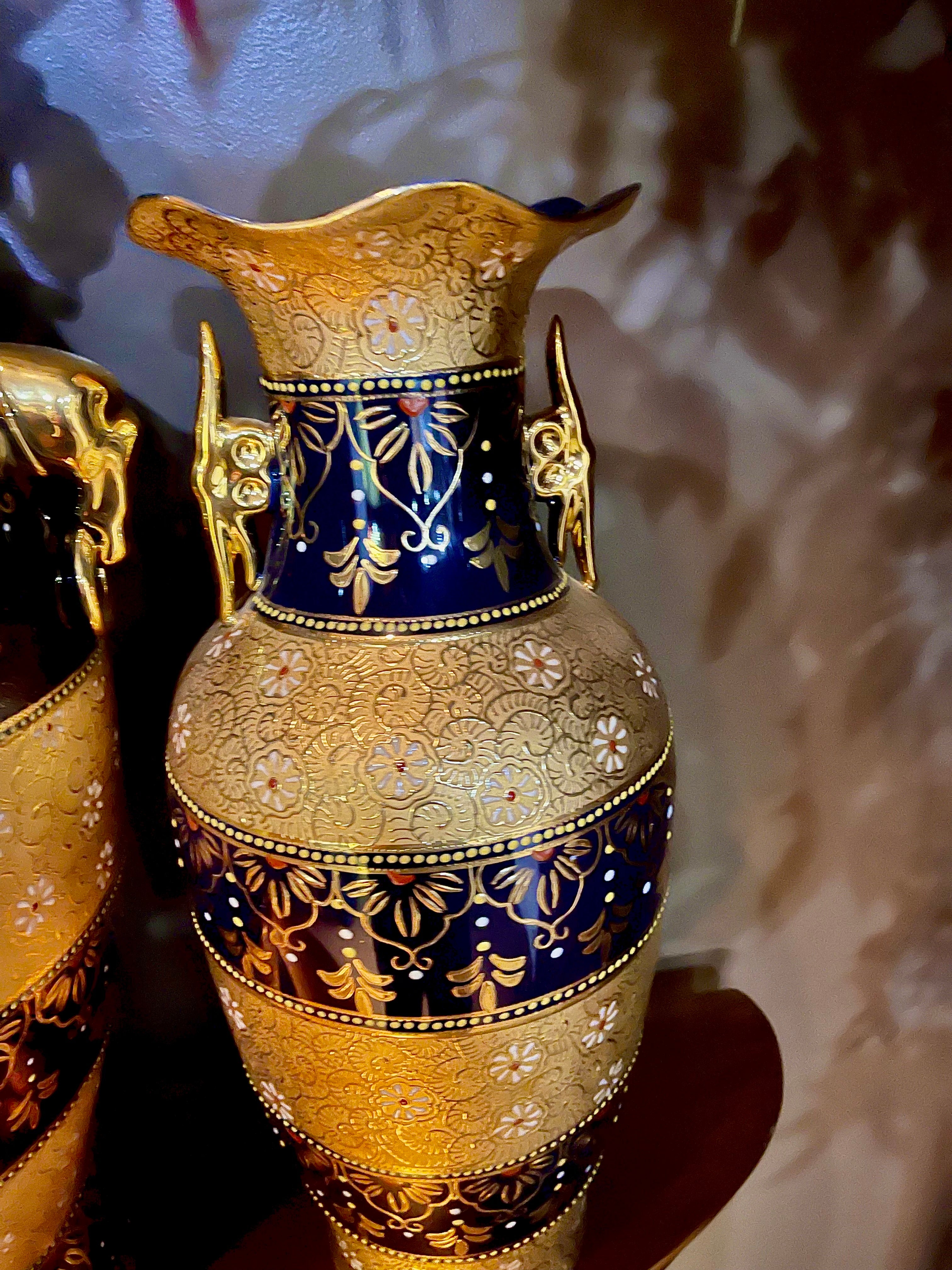 Persian Crafted Vintage Porcelain Vase Set Of 3 Gold Plated And And Blue