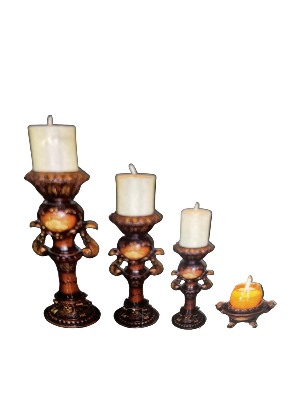 S/4” Bright rose decal wooden finish Roman candle holder set