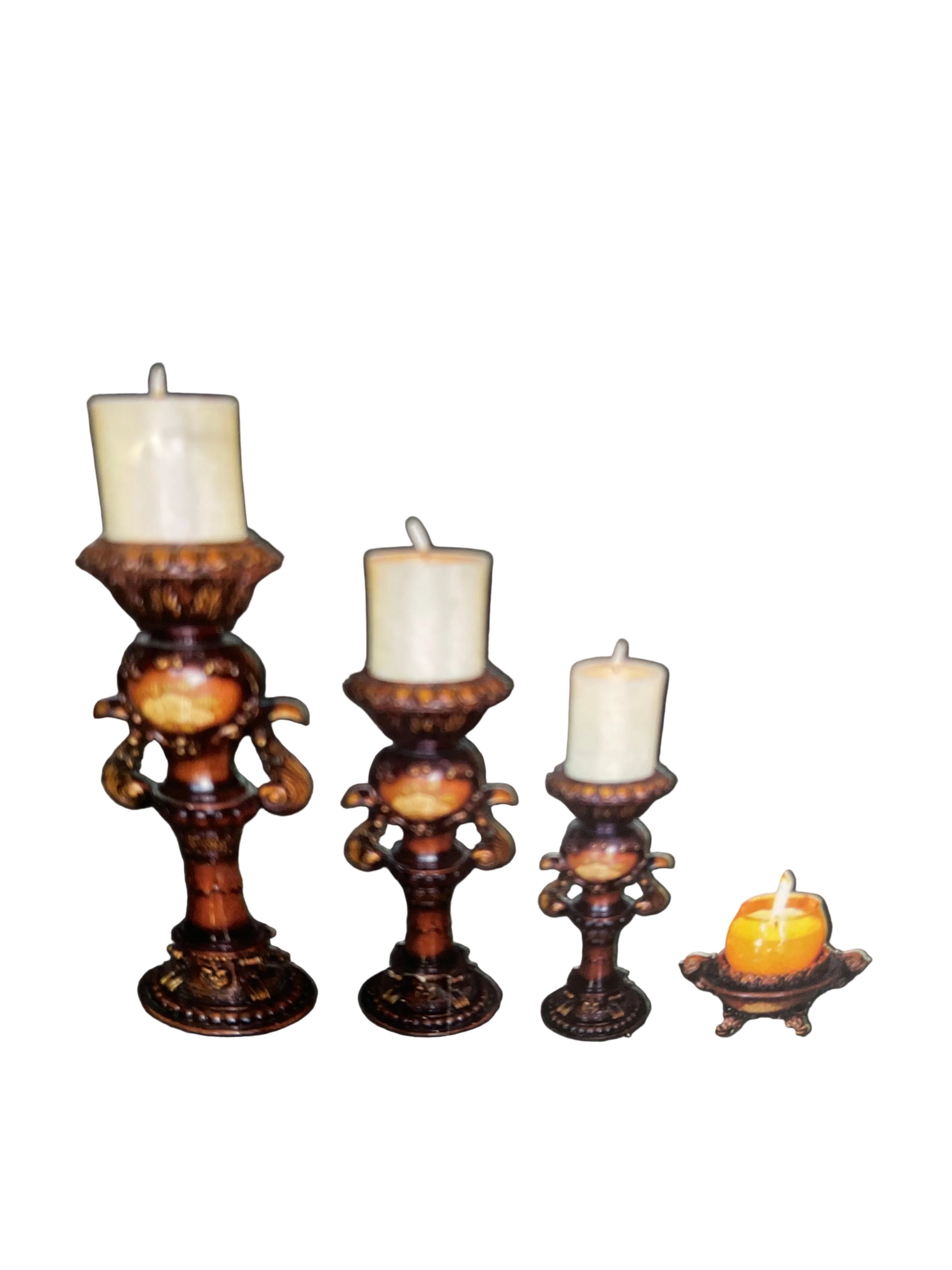 S/4” Bright rose decal wooden finish Roman candle holder set