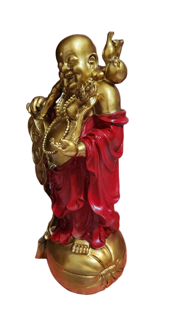 Red and gold, laughing, Buddha standing 14”