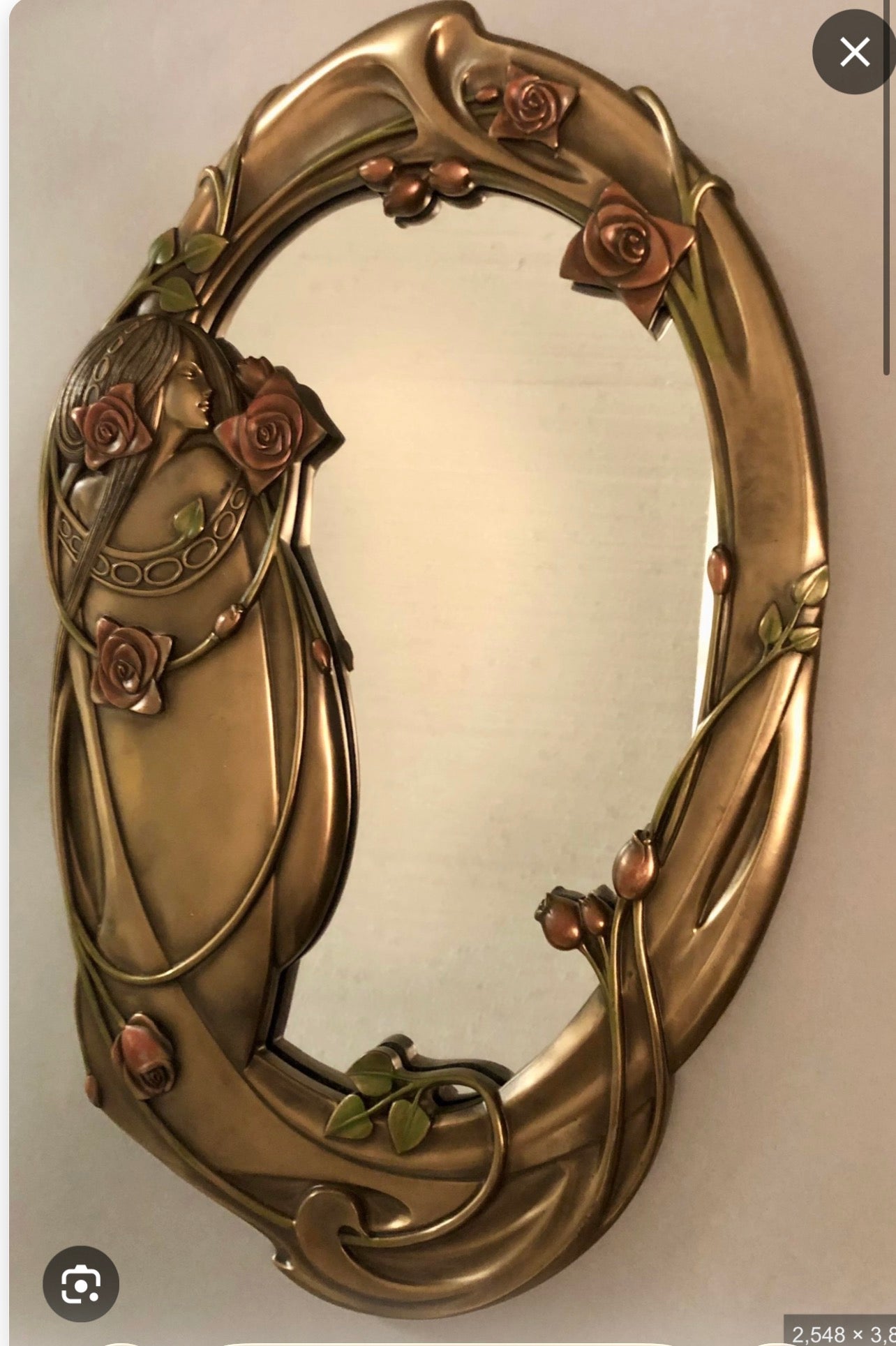 Top Collections Art Nouveau Lady with Roses Decorative Wall Mirror, Bronze Finish, Oval Shape