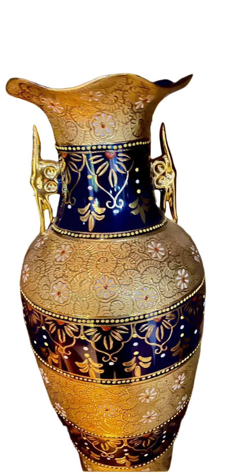 Persian Crafted Vintage Porcelain Vase Set Of 3 Gold Plated And And Blue