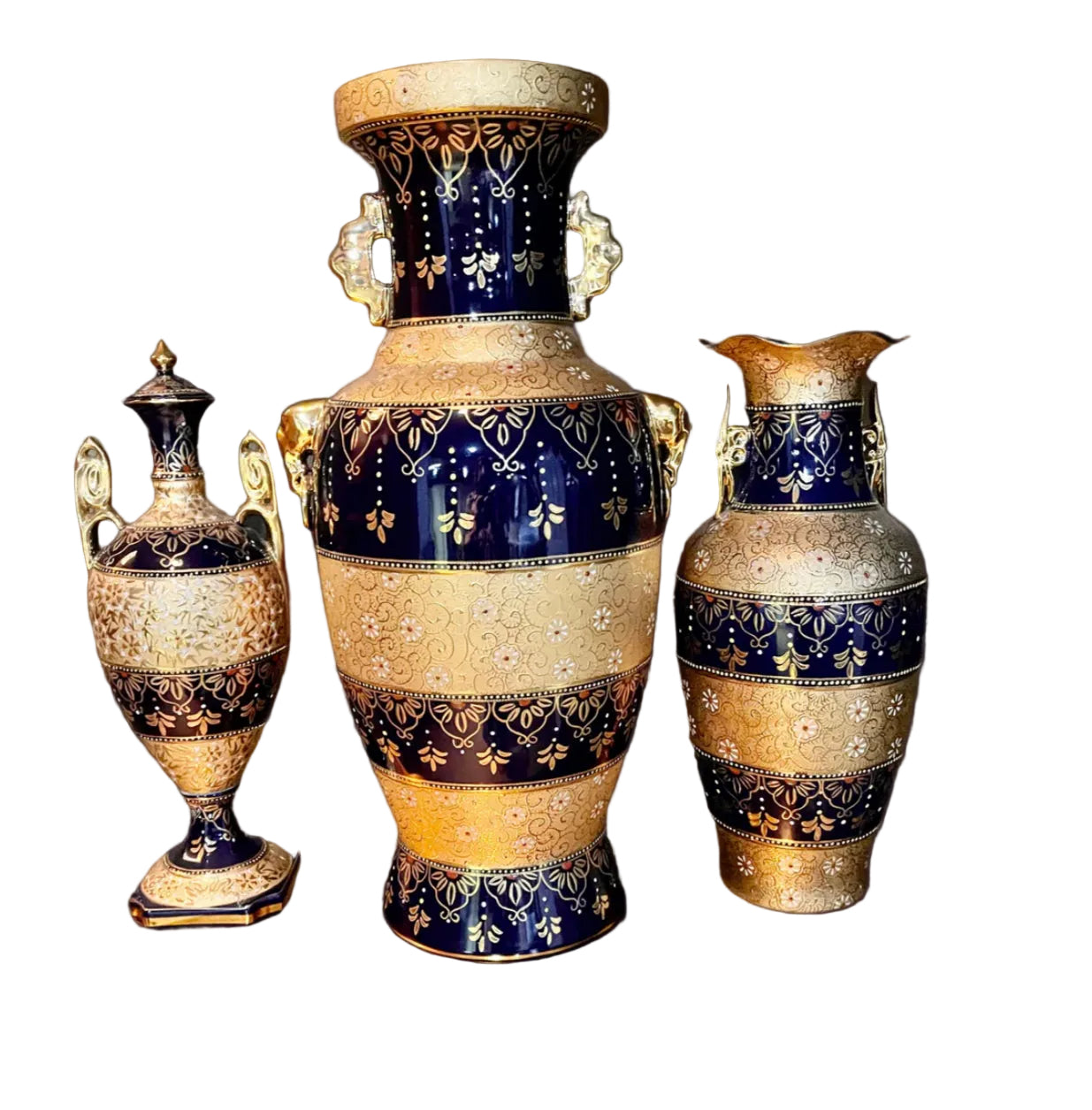Persian Crafted Vintage Porcelain Vase Set Of 3 Gold Plated And And Blue