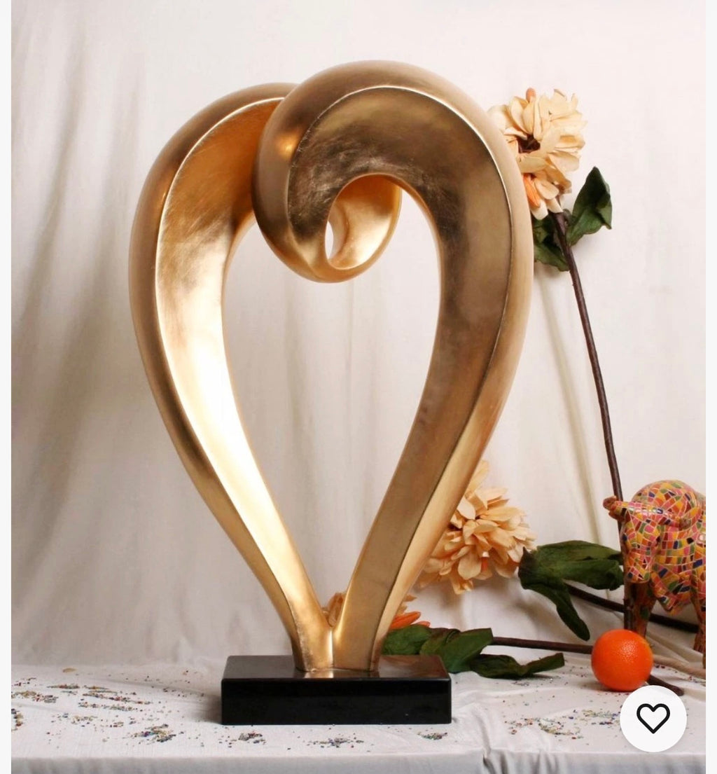 Large Golden Heart Sculpture With Marble Base