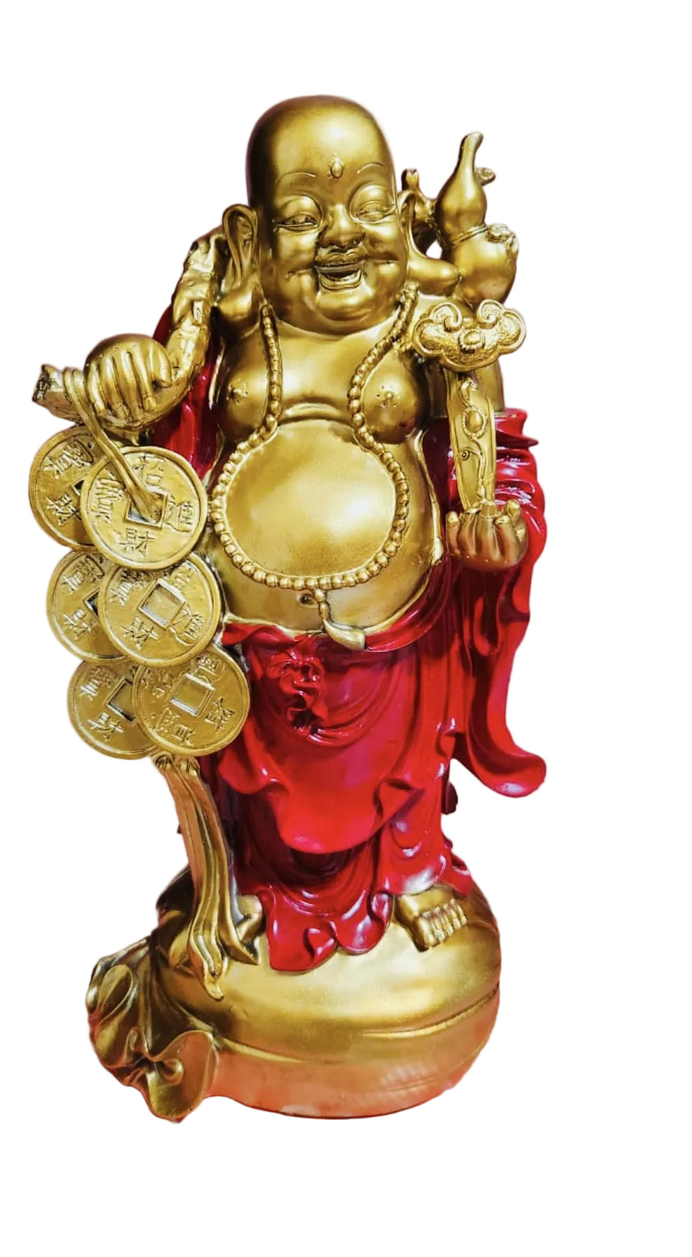 Red and gold, laughing, Buddha standing 14”