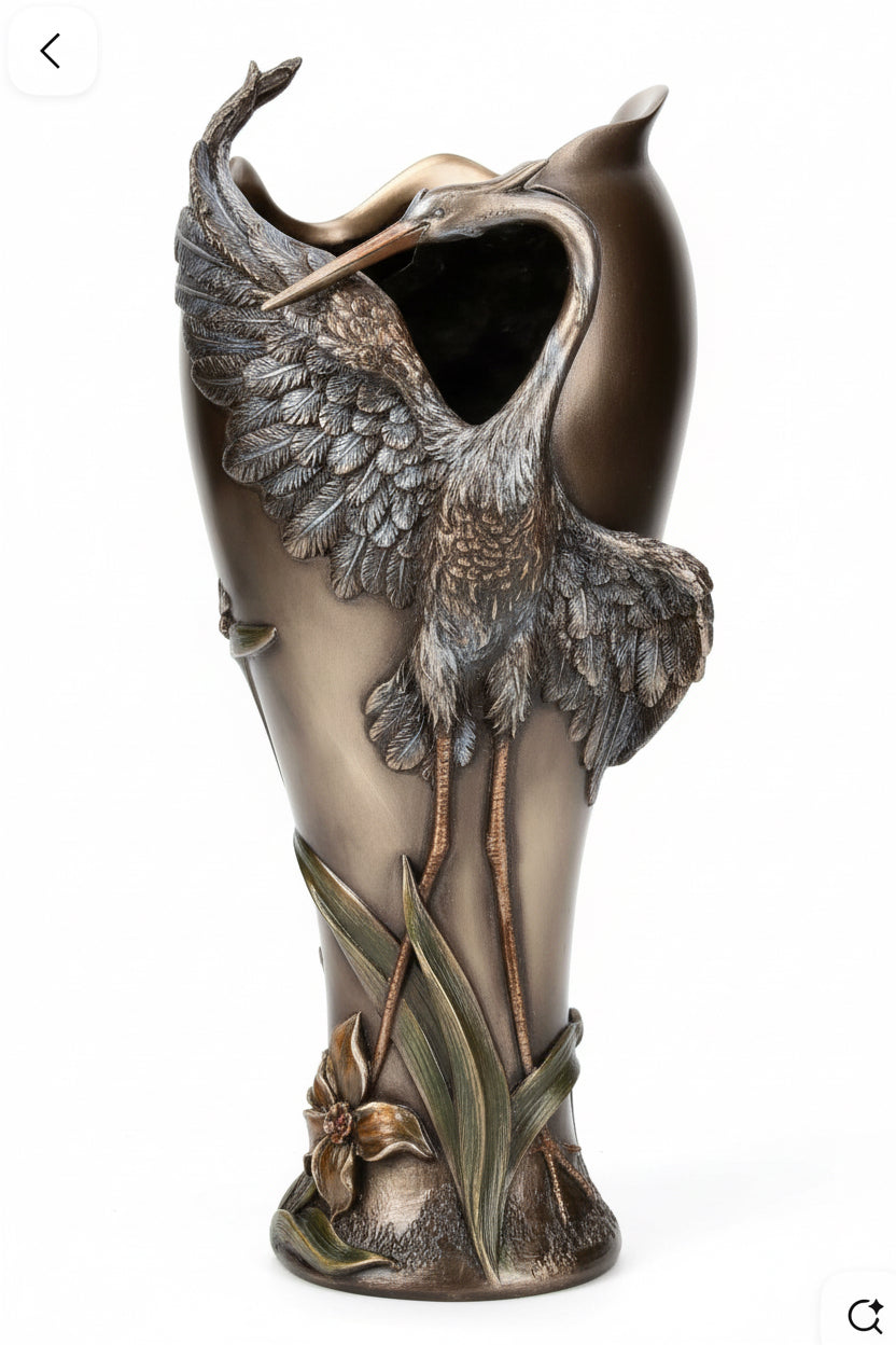 Art Nouveau Vase Beautiful Cranes with Dragonfly