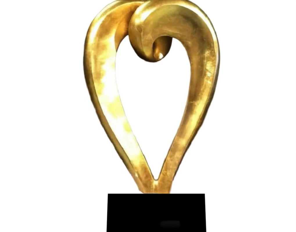 Large Golden Heart Sculpture With Marble Base