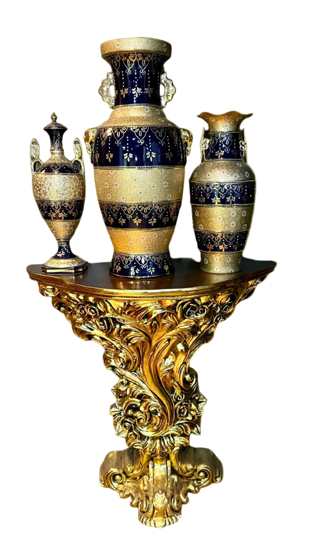 Persian Crafted Vintage Porcelain Vase Set Of 3 Gold Plated And And Blue