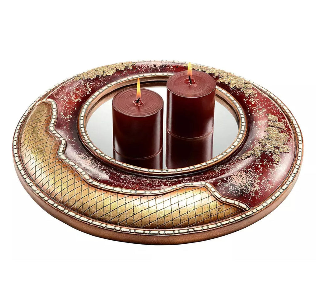 Burgundy Mirror Round Gold Decorative Plate With Candleholders With Crystals
