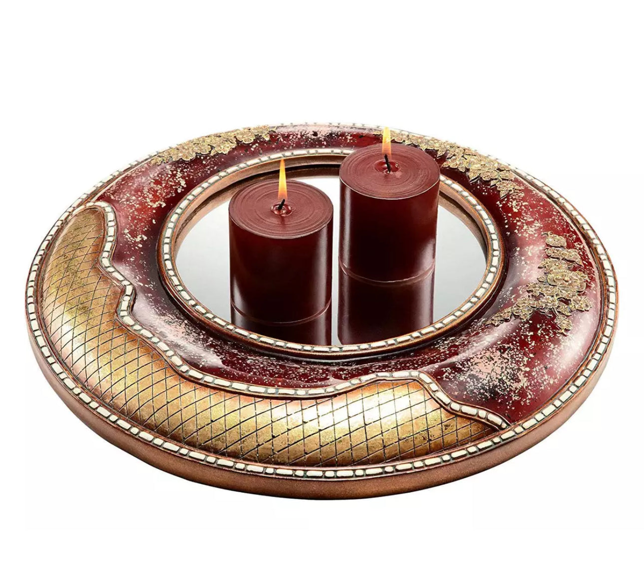 Burgundy Mirror Round Gold Decorative Plate With Candleholders With Crystals