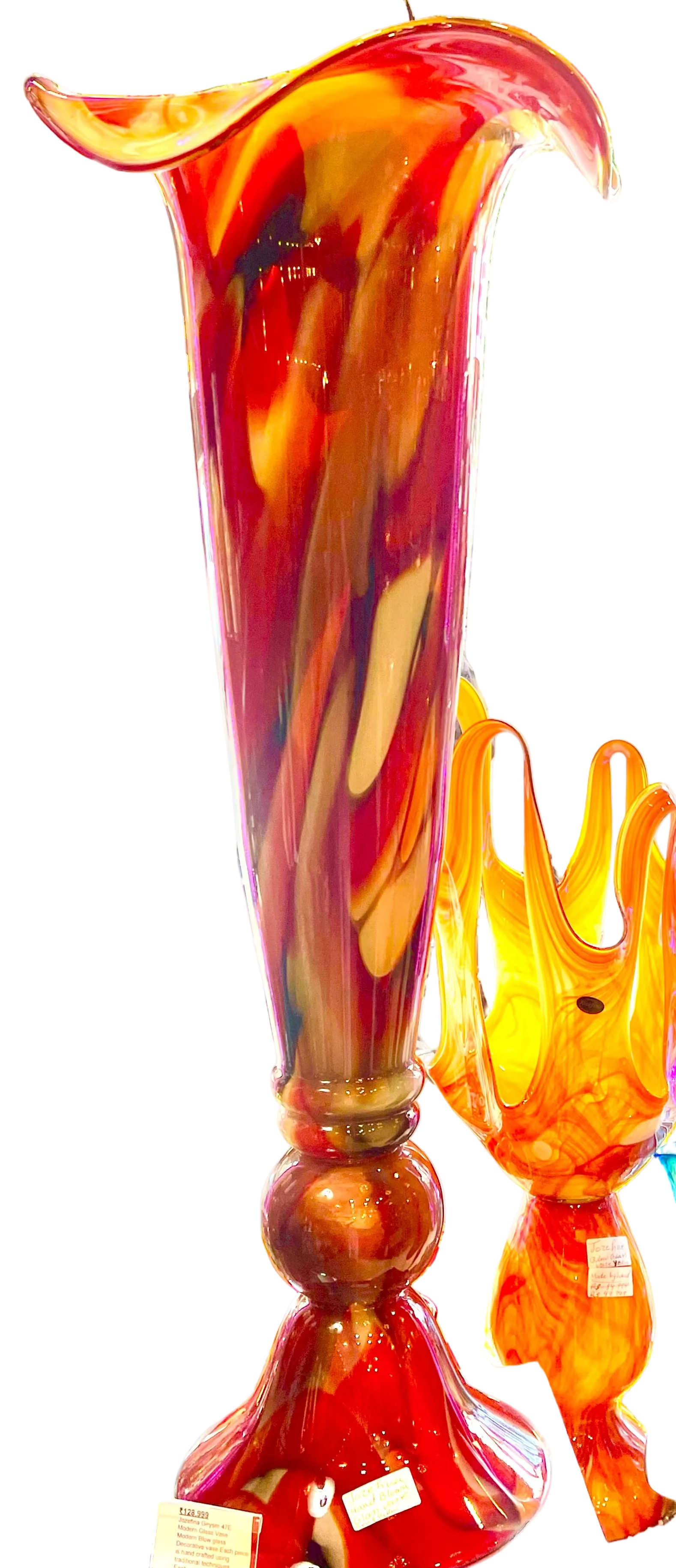 Jozefina Large Art Glass Vase Poland Beige Black Marble Pulled