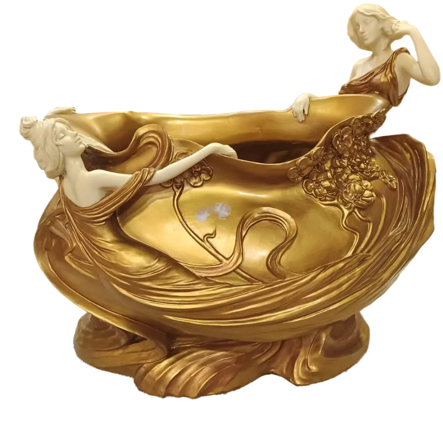 Art nouveau bathing bowl (tub) in gold women’s sitting on it