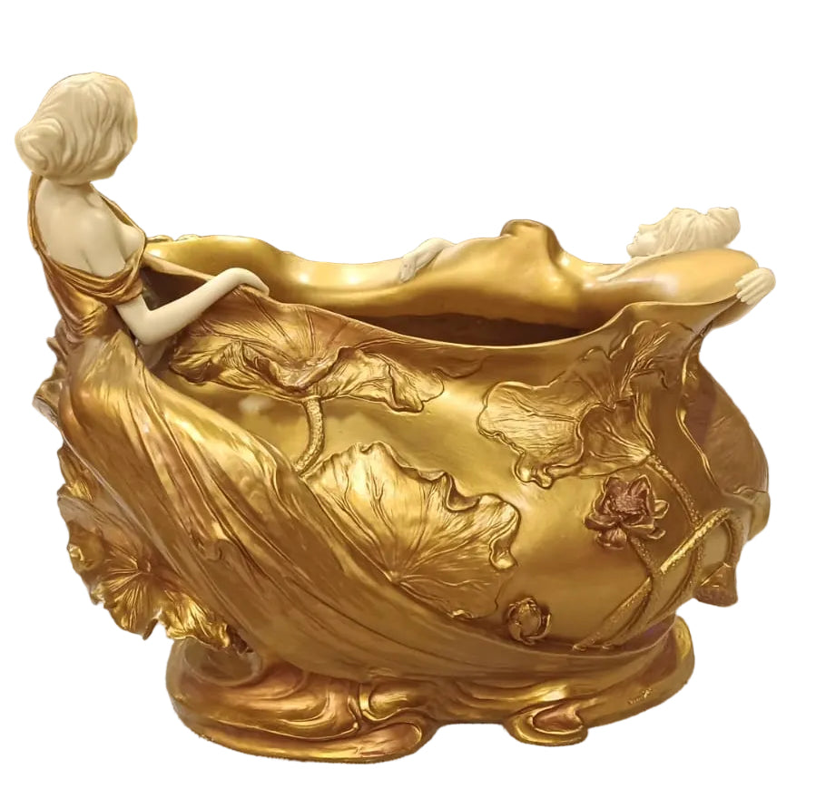 Art nouveau bathing bowl (tub) in gold women’s sitting on it