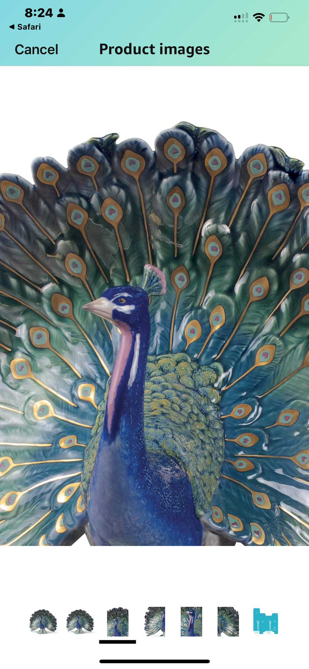 Lladró Peacock Figurine. Porcelain Peacock Figure