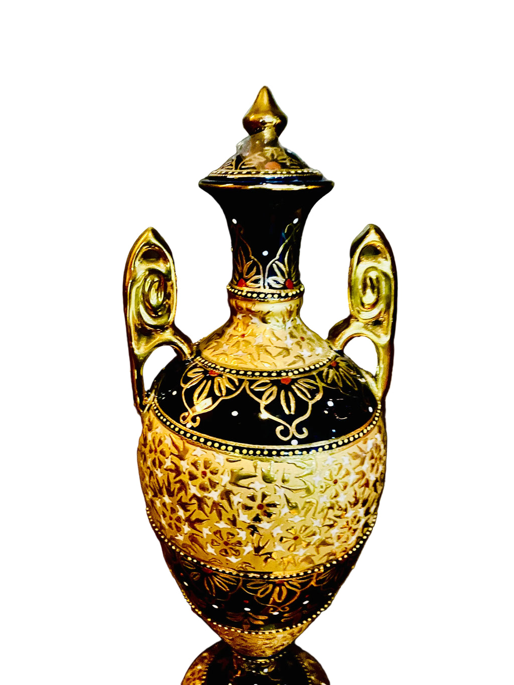 Persian Crafted Vintage Porcelain Vase Set Of 3 Gold Plated And And Blue