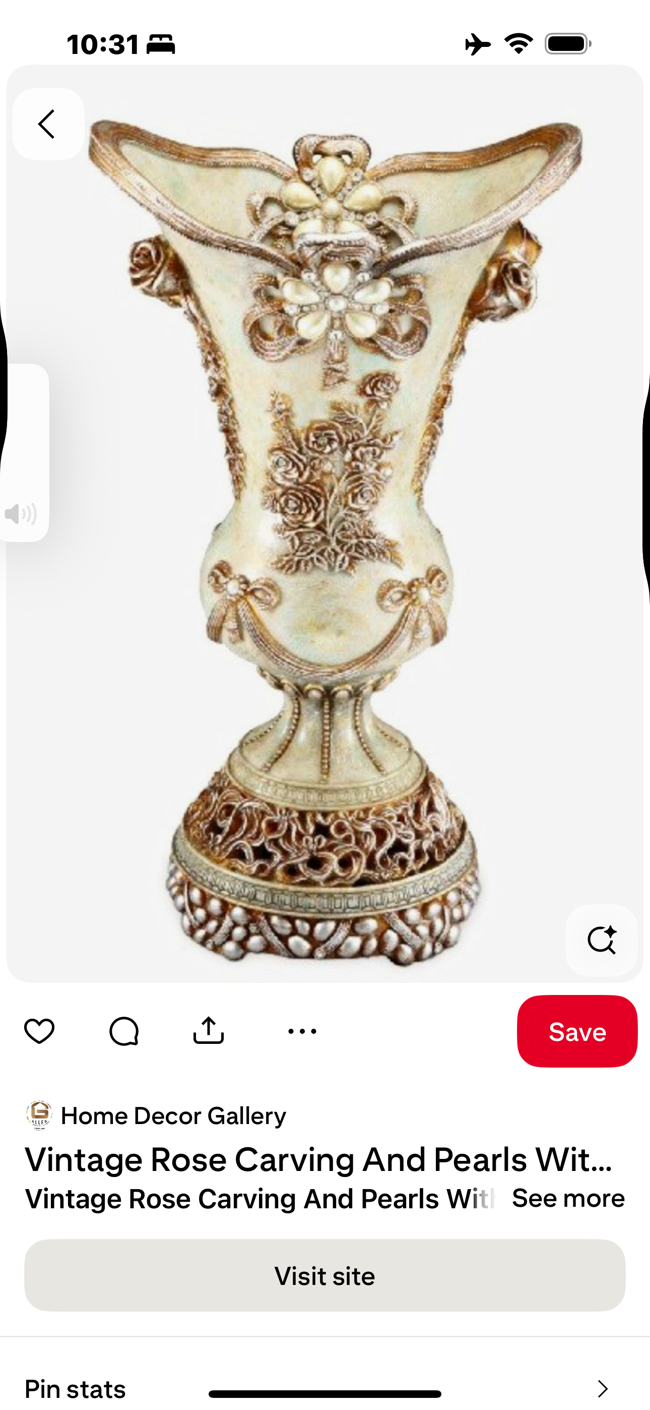 Vintage Rose collection Vase with pearls and crystal L9”xW7.5”xH 15.5''