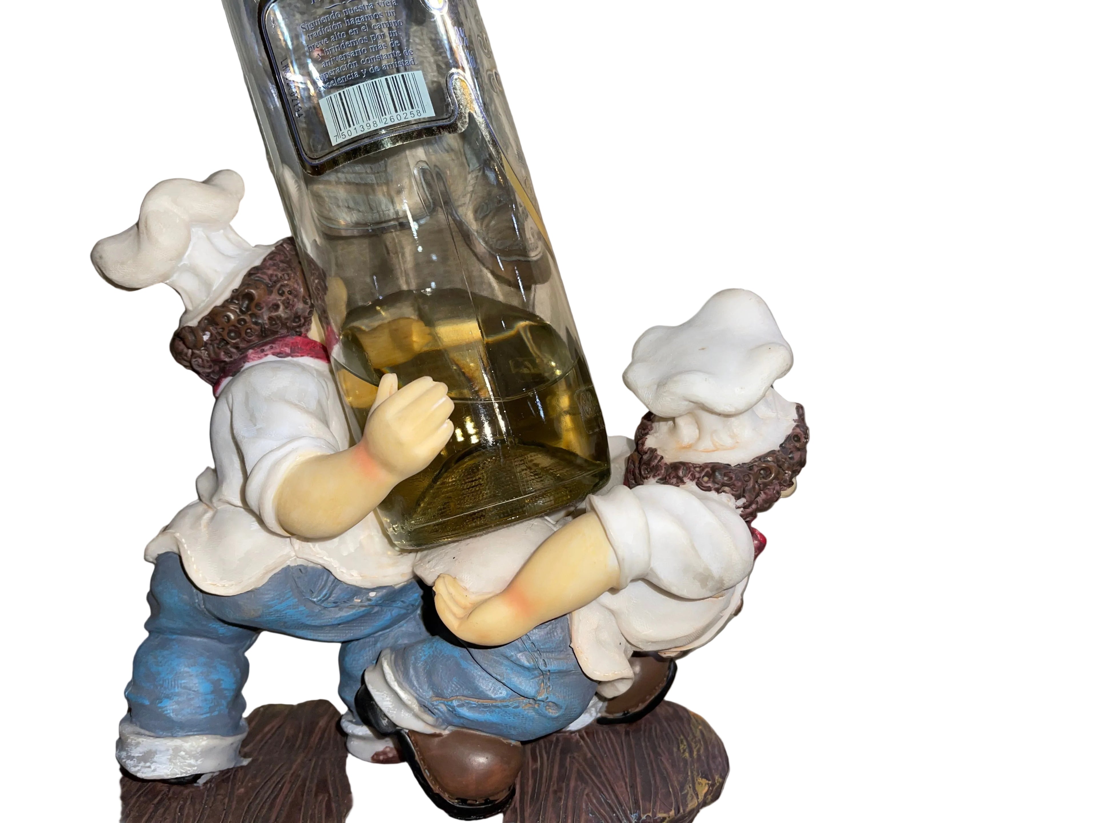 Toy figure holding a bottle on a striped surface